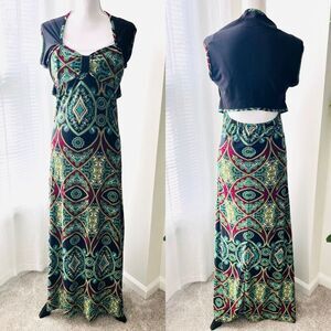 Cherry Krave Green & Black Long Flowy Back Cutout Maxi Dress Summer Vacation ~ L
